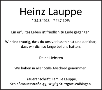 Traueranzeige von Heinz Lauppe von Eßlinger Zeitung/Cannstatter Zeitung