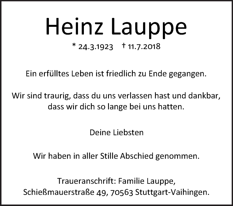  Traueranzeige für Heinz Lauppe vom 28.07.2018 aus Eßlinger Zeitung/Cannstatter Zeitung