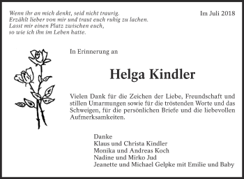 Traueranzeige von Helga Kindler von Eßlinger Zeitung/Cannstatter Zeitung