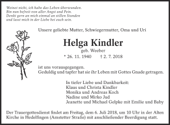 Traueranzeige von Helga Kindler von Eßlinger Zeitung/Cannstatter Zeitung