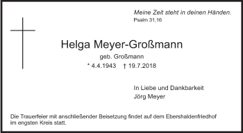 Traueranzeige von Helga Meyer-Großmann von Eßlinger Zeitung/Cannstatter Zeitung