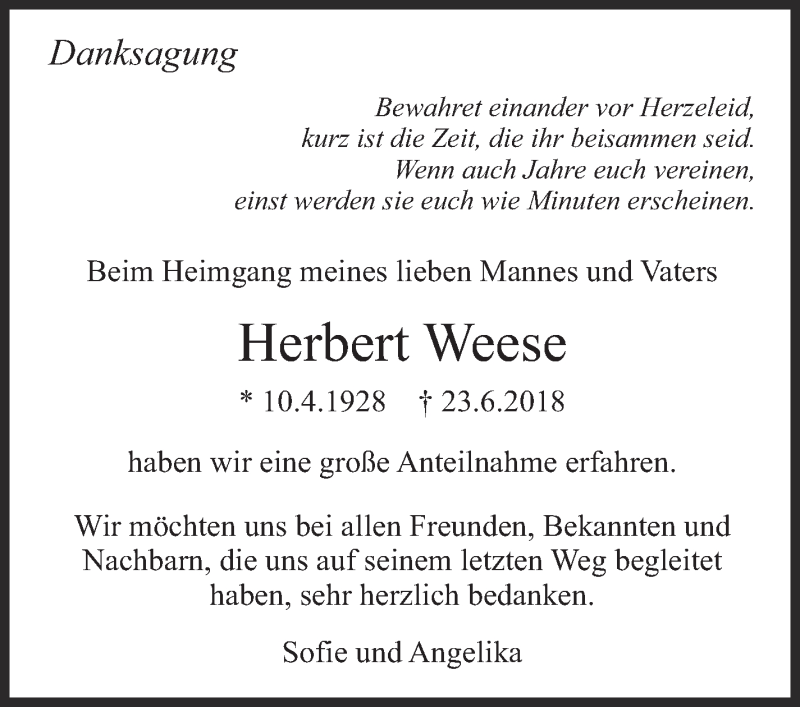  Traueranzeige für Herbert Weese vom 14.07.2018 aus Eßlinger Zeitung/Cannstatter Zeitung