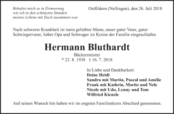 Traueranzeige von Hermann Bluthardt von Eßlinger Zeitung/Cannstatter Zeitung