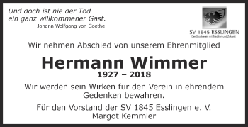 Traueranzeige von Hermann Wimmer von Eßlinger Zeitung/Cannstatter Zeitung