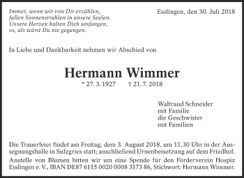 Traueranzeige von Hermann Wimmer von Eßlinger Zeitung/Cannstatter Zeitung