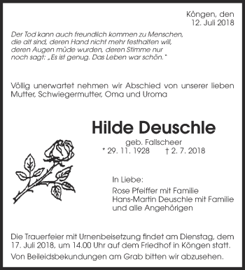 Traueranzeige von Hilde Deuschle von Eßlinger Zeitung/Cannstatter Zeitung