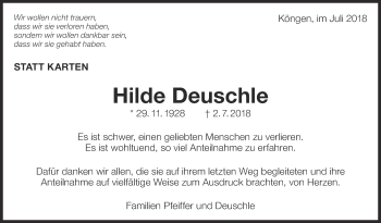 Traueranzeige von Hilde Deuschle von Eßlinger Zeitung/Cannstatter Zeitung