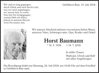 Traueranzeige von Horst Baumann von Eßlinger Zeitung/Cannstatter Zeitung