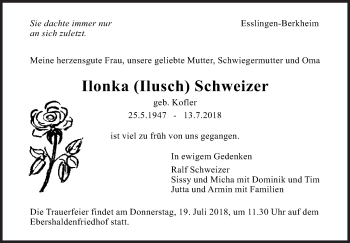 Traueranzeige von Ilonka  Schweizer von Eßlinger Zeitung/Cannstatter Zeitung