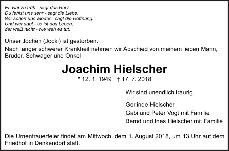  Traueranzeige für Joachim Hielscher vom 26.07.2018 aus Eßlinger Zeitung/Cannstatter Zeitung