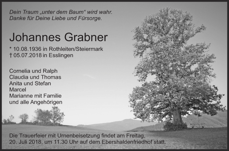  Traueranzeige für Johannes Grabner vom 11.07.2018 aus Eßlinger Zeitung/Cannstatter Zeitung