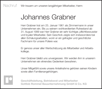 Traueranzeige von Johannes Grabner von Eßlinger Zeitung/Cannstatter Zeitung