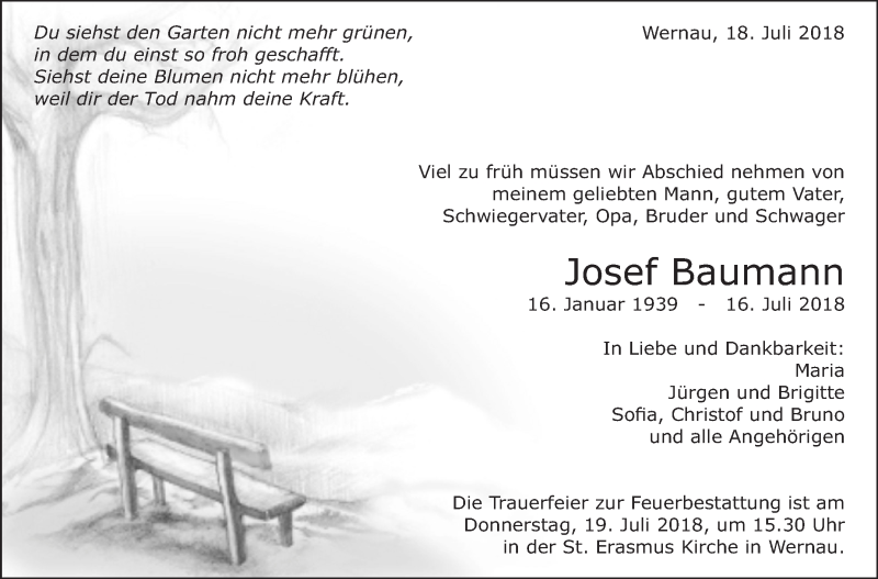  Traueranzeige für Josef Baum vom 18.07.2018 aus Eßlinger Zeitung/Cannstatter Zeitung