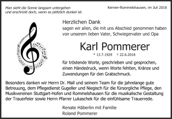 Traueranzeige von Karl Pommerer von Eßlinger Zeitung/Cannstatter Zeitung