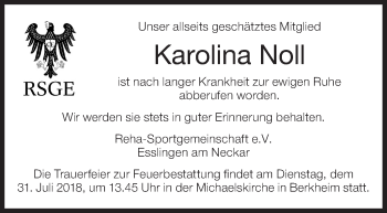 Traueranzeige von Karolina Noll von Eßlinger Zeitung/Cannstatter Zeitung