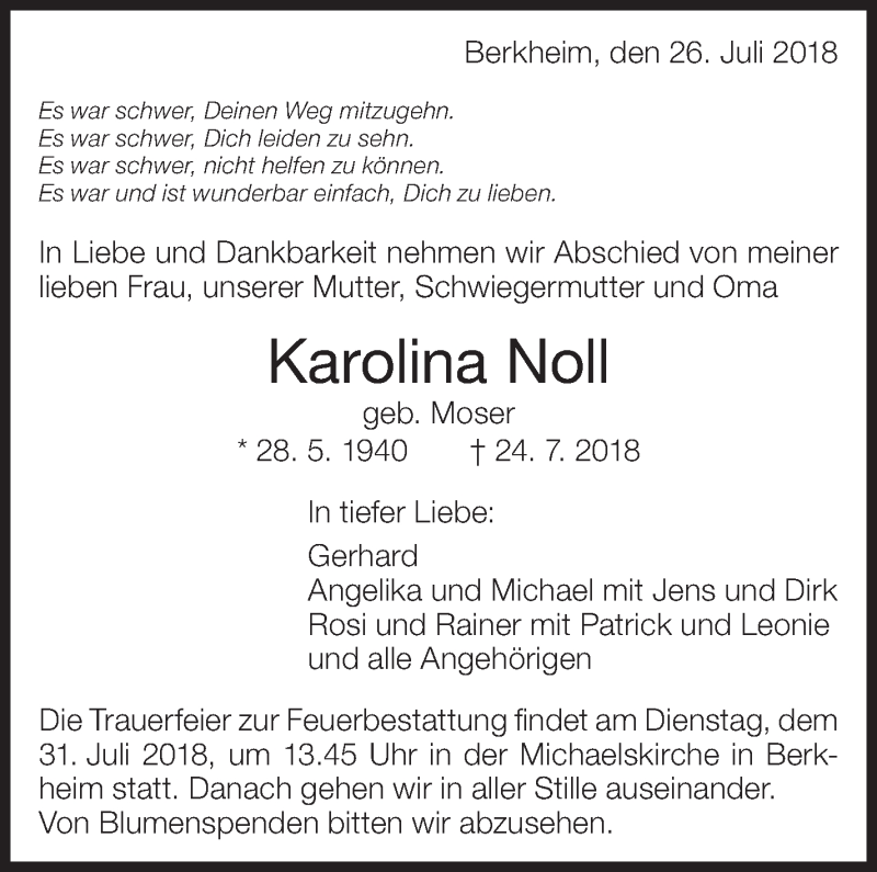  Traueranzeige für Karolina Noll vom 26.07.2018 aus Eßlinger Zeitung/Cannstatter Zeitung