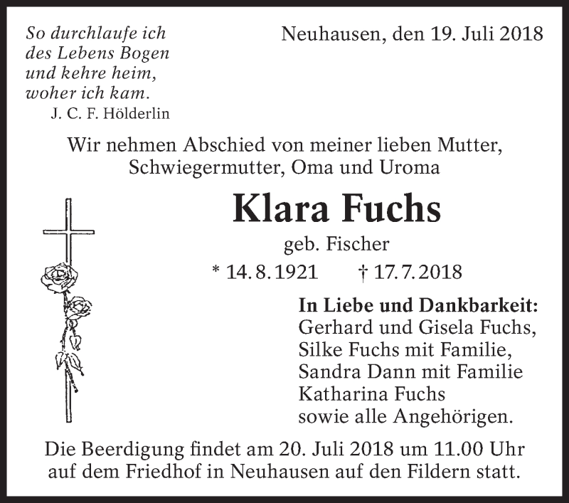  Traueranzeige für Klara Fuchs vom 19.07.2018 aus Eßlinger Zeitung/Cannstatter Zeitung