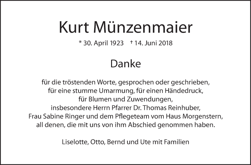  Traueranzeige für Kurt Münzenmaier vom 10.07.2018 aus Eßlinger Zeitung/Cannstatter Zeitung