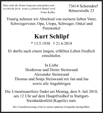 Traueranzeige von Kurt Schlipf von Eßlinger Zeitung/Cannstatter Zeitung