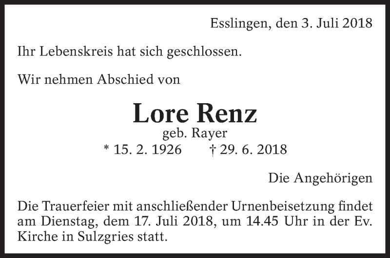  Traueranzeige für Lore Renz vom 03.07.2018 aus Eßlinger Zeitung/Cannstatter Zeitung