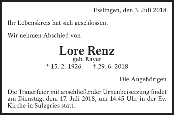 Traueranzeige von Lore Renz von Eßlinger Zeitung/Cannstatter Zeitung