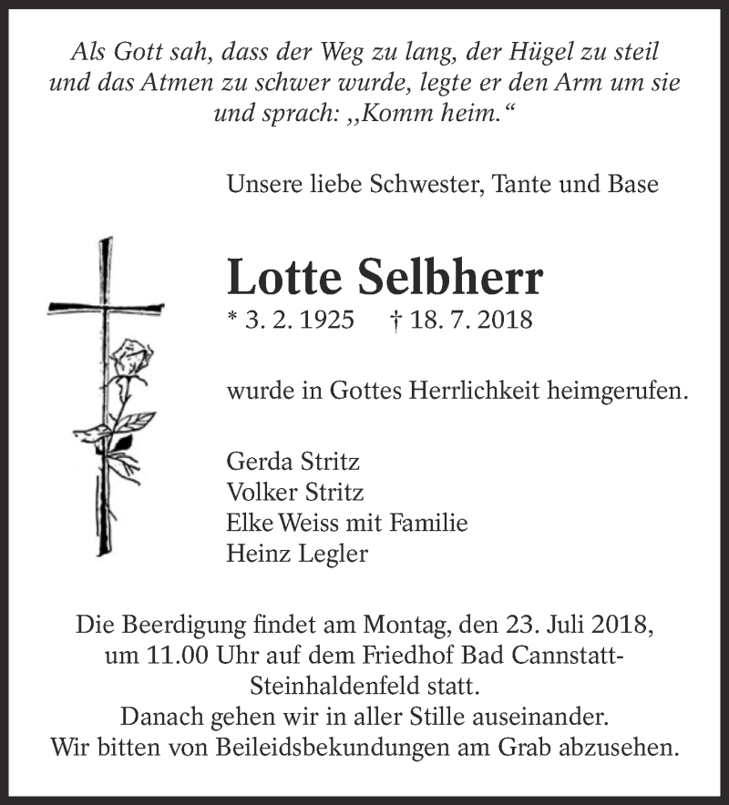  Traueranzeige für Lotte Selbherr vom 21.07.2018 aus Eßlinger Zeitung/Cannstatter Zeitung