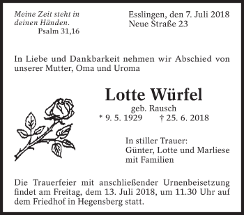 Traueranzeige von Lotte Würfel von Eßlinger Zeitung/Cannstatter Zeitung