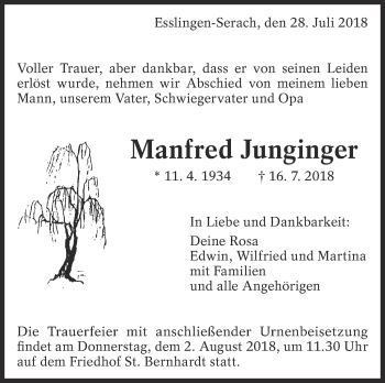 Traueranzeige von Manfred Junginger von Eßlinger Zeitung/Cannstatter Zeitung
