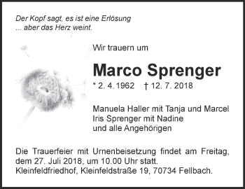 Traueranzeige von Marco Sprenger von Eßlinger Zeitung/Cannstatter Zeitung