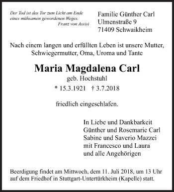 Traueranzeige von Maria Magdalena Carl von Eßlinger Zeitung/Cannstatter Zeitung