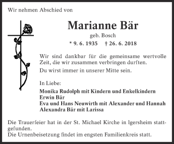 Traueranzeige von Marianne Bär von Eßlinger Zeitung/Cannstatter Zeitung