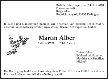 Traueranzeige von Martin Alber von Eßlinger Zeitung/Cannstatter Zeitung