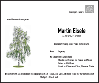 Traueranzeige von Martin Eisele von Eßlinger Zeitung/Cannstatter Zeitung