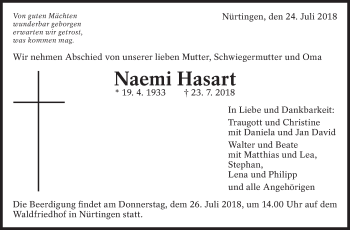 Traueranzeige von Naemi Hasart von Eßlinger Zeitung/Cannstatter Zeitung