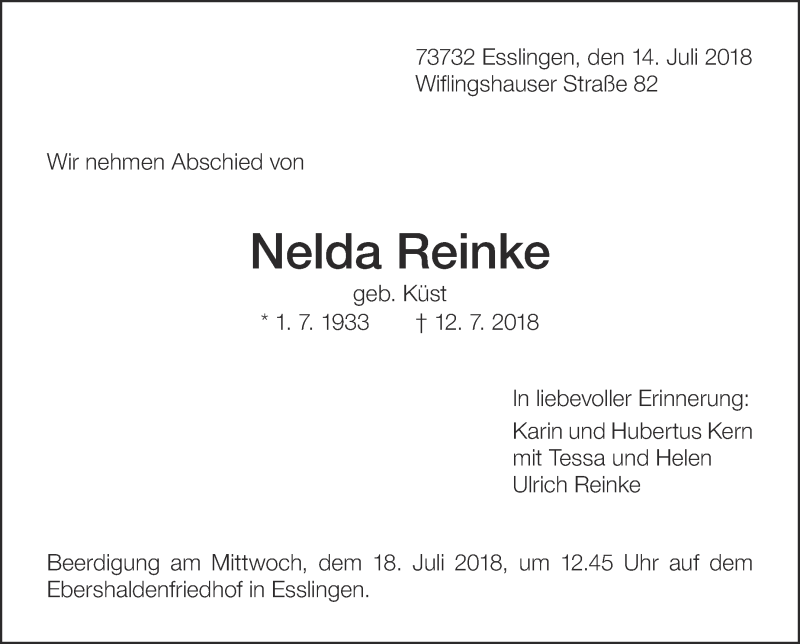  Traueranzeige für Nelda Reinke vom 14.07.2018 aus Eßlinger Zeitung/Cannstatter Zeitung