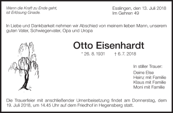Traueranzeige von Otto Eisenhardt von Eßlinger Zeitung/Cannstatter Zeitung
