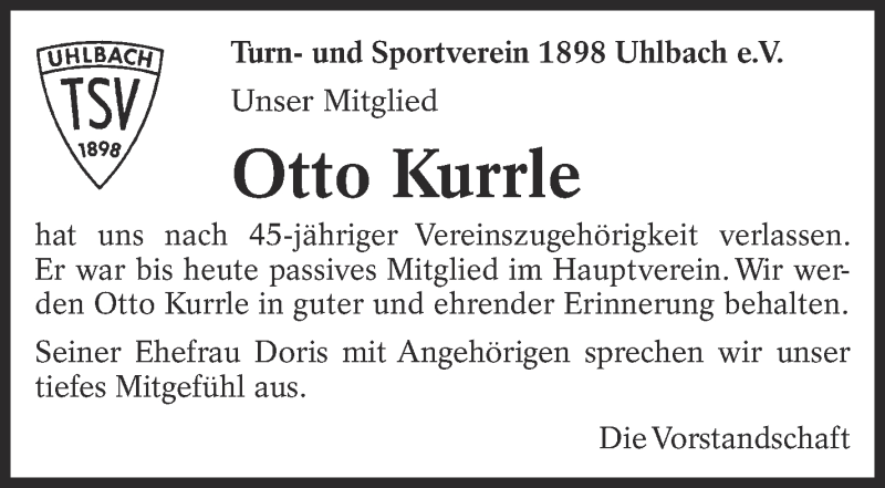  Traueranzeige für Otto Kurrle vom 03.07.2018 aus Eßlinger Zeitung/Cannstatter Zeitung
