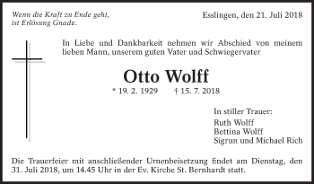 Traueranzeige von Otto Wolff von Eßlinger Zeitung/Cannstatter Zeitung