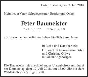 Traueranzeige von Peter Baumeister von Eßlinger Zeitung/Cannstatter Zeitung