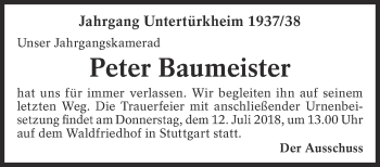 Traueranzeige von Peter Baumeister von Eßlinger Zeitung/Cannstatter Zeitung