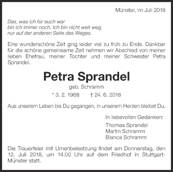 Traueranzeige von Petra Sprandel von Eßlinger Zeitung/Cannstatter Zeitung