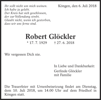 Traueranzeige von Robert Glöckler von Eßlinger Zeitung/Cannstatter Zeitung