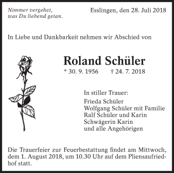 Traueranzeige von Roland Schüler von Eßlinger Zeitung/Cannstatter Zeitung