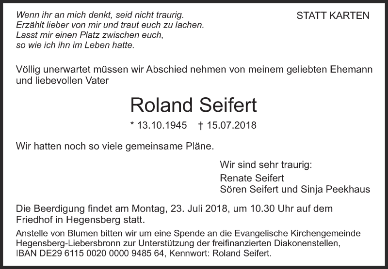  Traueranzeige für Roland Seifert vom 18.07.2018 aus Eßlinger Zeitung/Cannstatter Zeitung