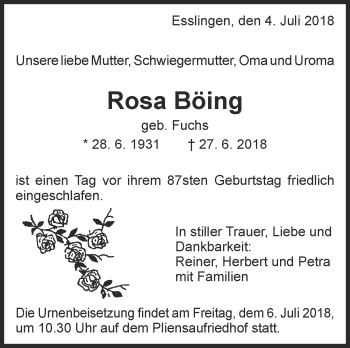 Traueranzeige von Rosa Böing von Eßlinger Zeitung/Cannstatter Zeitung