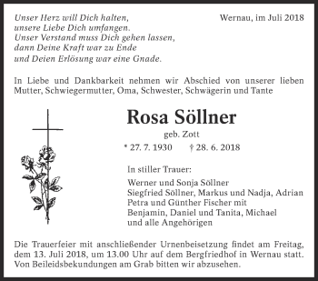 Traueranzeige von Rosa Söllner von Eßlinger Zeitung/Cannstatter Zeitung