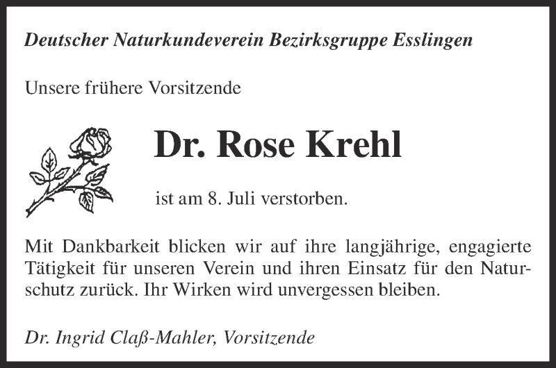  Traueranzeige für Rose Krehl vom 14.07.2018 aus Eßlinger Zeitung/Cannstatter Zeitung