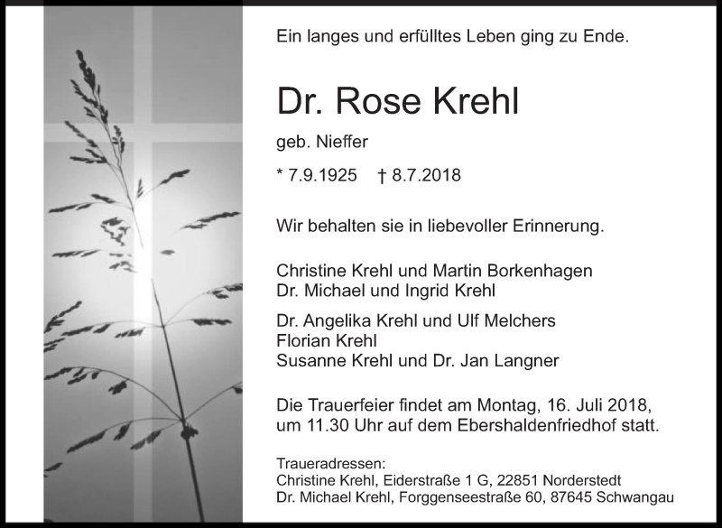  Traueranzeige für Rose Krehl vom 11.07.2018 aus Eßlinger Zeitung/Cannstatter Zeitung