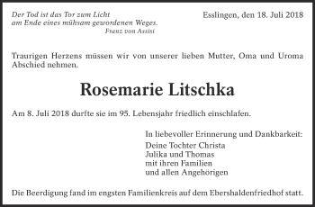 Traueranzeige von Rosemarie Litschka von Eßlinger Zeitung/Cannstatter Zeitung