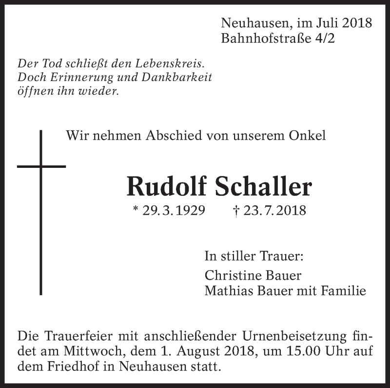  Traueranzeige für Rudolf Schaller vom 28.07.2018 aus Eßlinger Zeitung/Cannstatter Zeitung